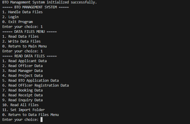 Actual BTO Management System CLI with the main menu and data-file options