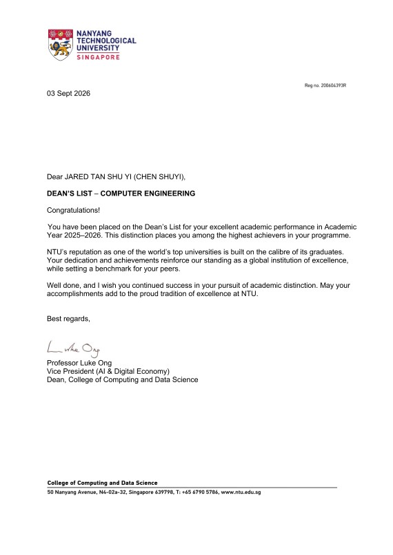 The original NTU Dean’s List letter for AY2025–2026 attached to Jared’s LinkedIn post
