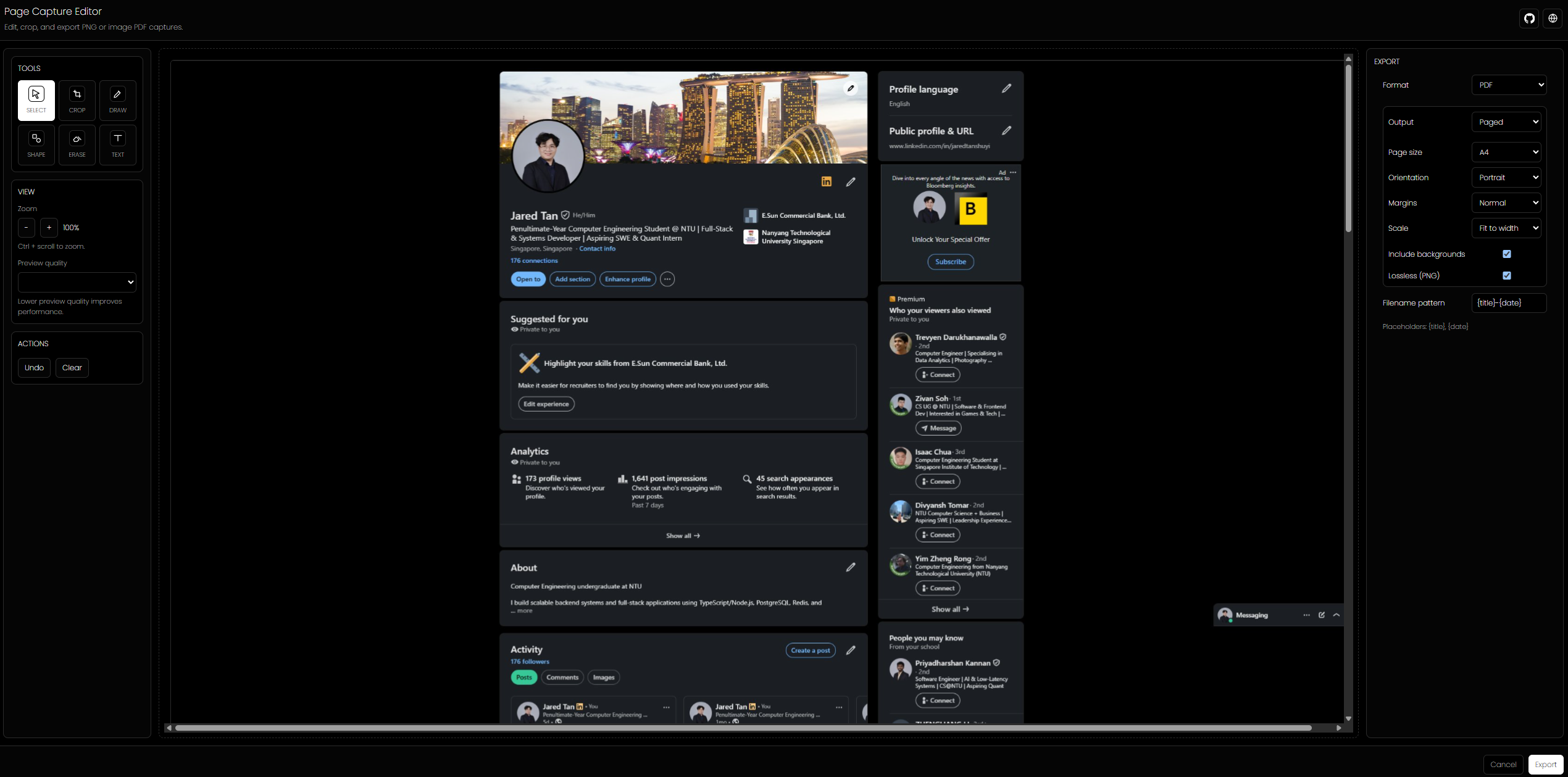 The actual Page Capture extension interface