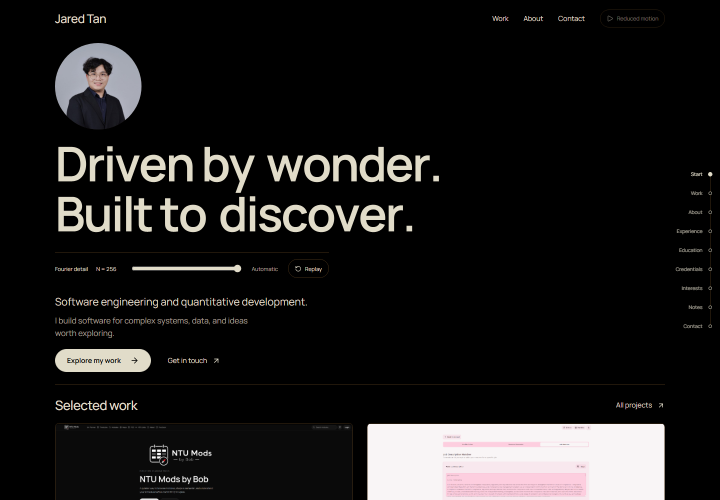 The current Jared Tan studio portfolio with a circular portrait and engineering linework