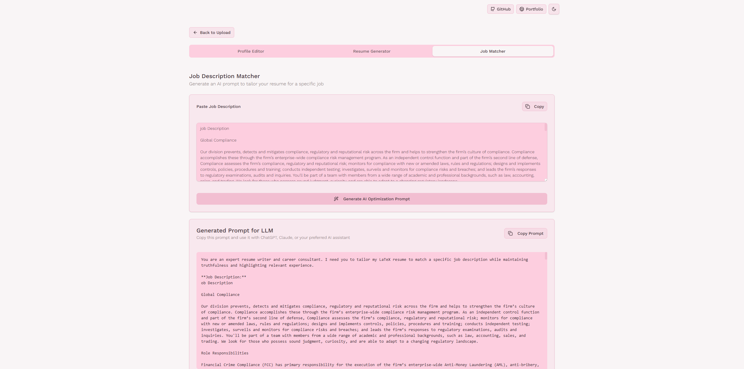 The actual Resume Optimizer job description matcher